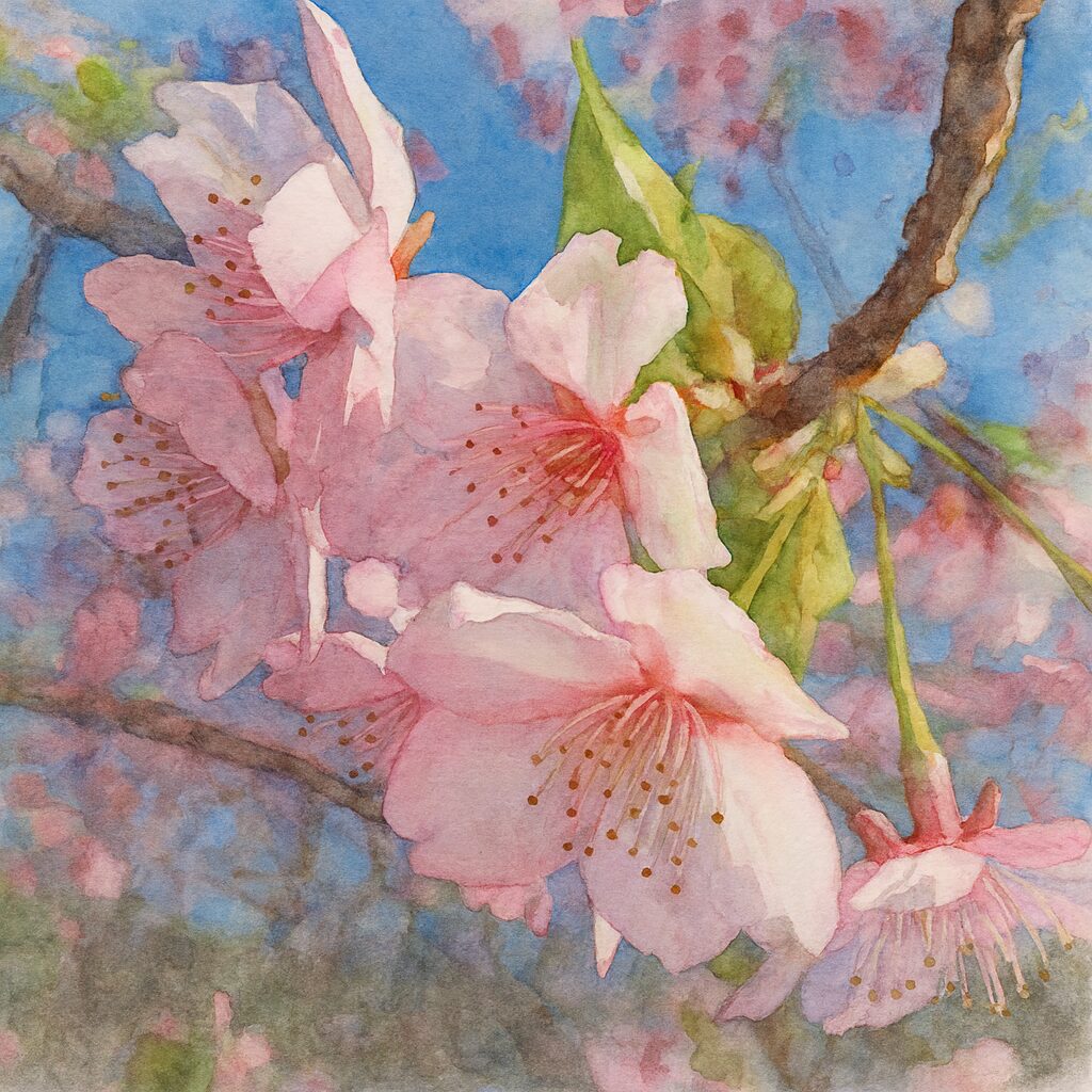 青空を背景にしたカワズザクラの花房を描いた水彩画風イラスト。淡いピンクの花弁と繊細な雄しべが柔らかな筆致で表現された桜の絵