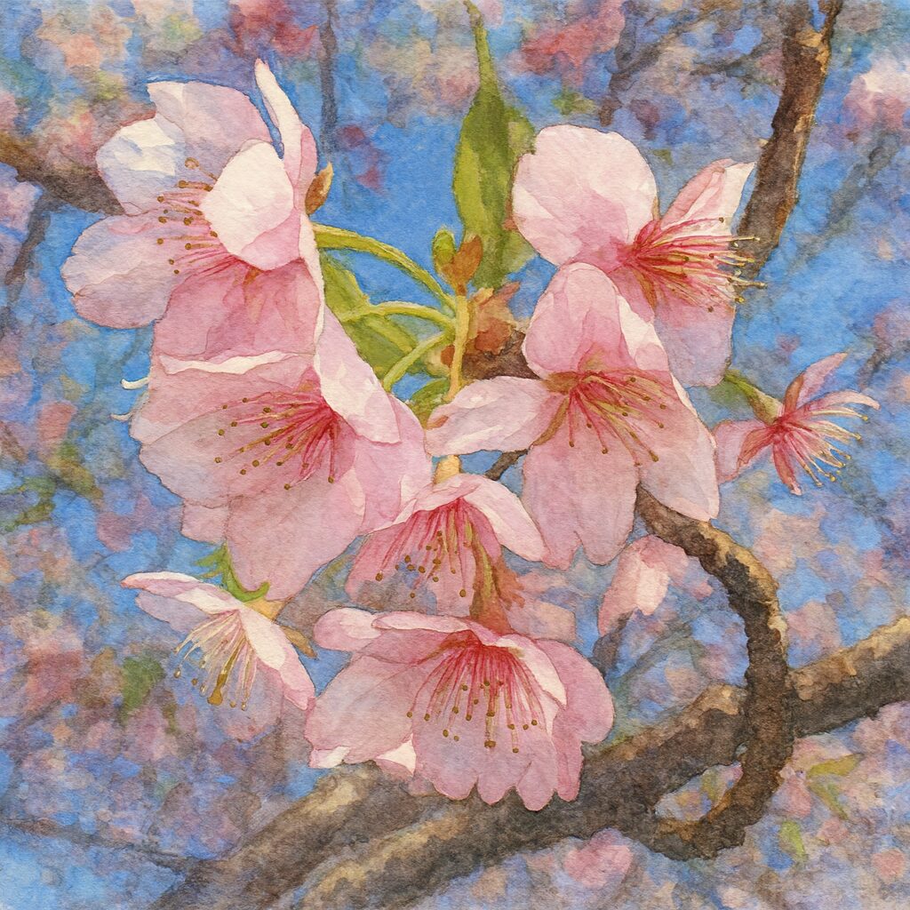 青空を背景に咲くカワズザクラの花房を描いた水彩画風イラスト。柔らかなピンク色の花弁と繊細な雄しべが淡い筆致で表現された春の桜の絵