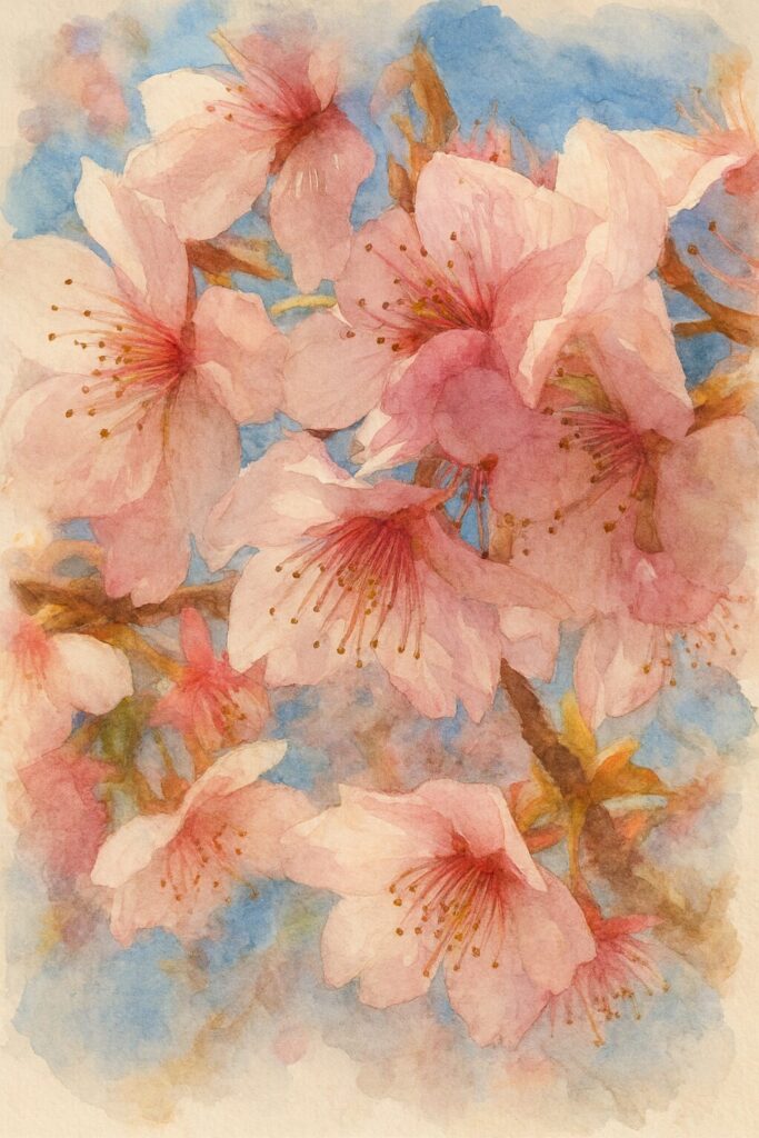 青空を背景に咲くカワズザクラの花房を描いた水彩画風イラスト。淡いピンクの花びらと繊細な雄しべが柔らかいタッチで表現された春の桜の絵