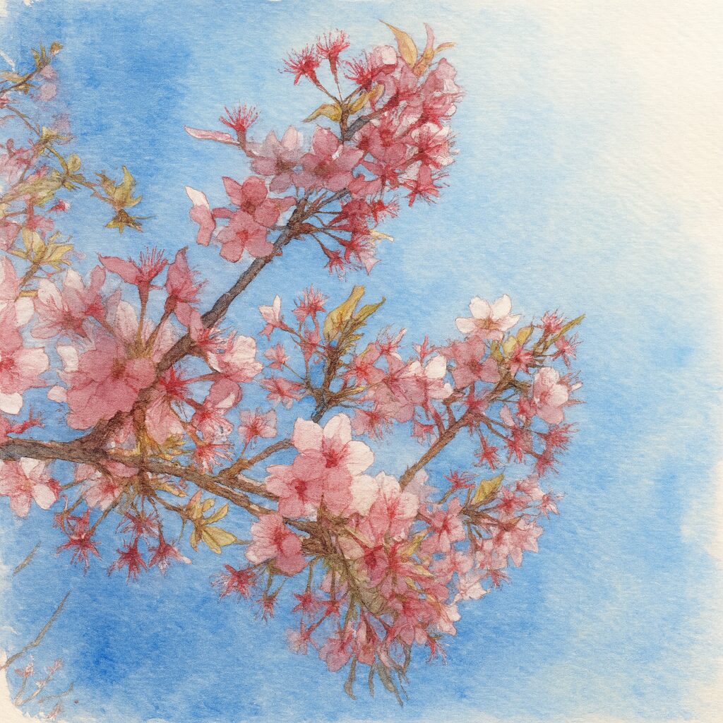 青空を背景に枝先のカワズザクラを描いた水彩画風イラスト。淡いピンクの花と赤いがく片が柔らかい筆致で表現された春の桜の絵