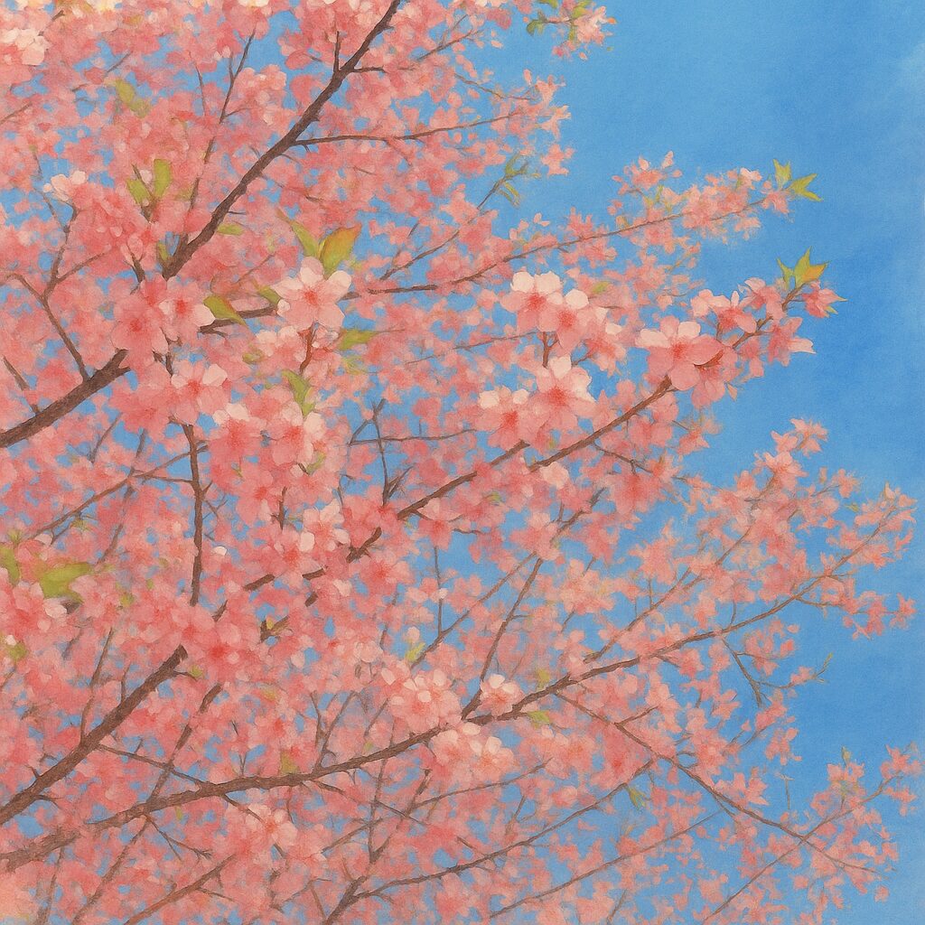 青空を背景に満開のカワズザクラを描いた水彩画風イラスト。無数の淡いピンク色の花が枝を彩る春の風景