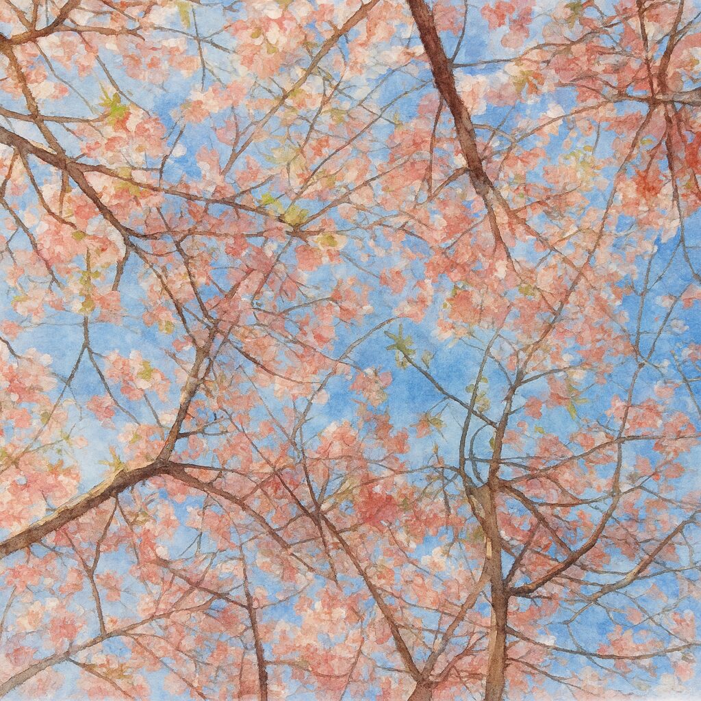 満開のカワズザクラを見上げた構図で描いた水彩画風イラスト。青空と薄桃色の花が広がる春の風景画