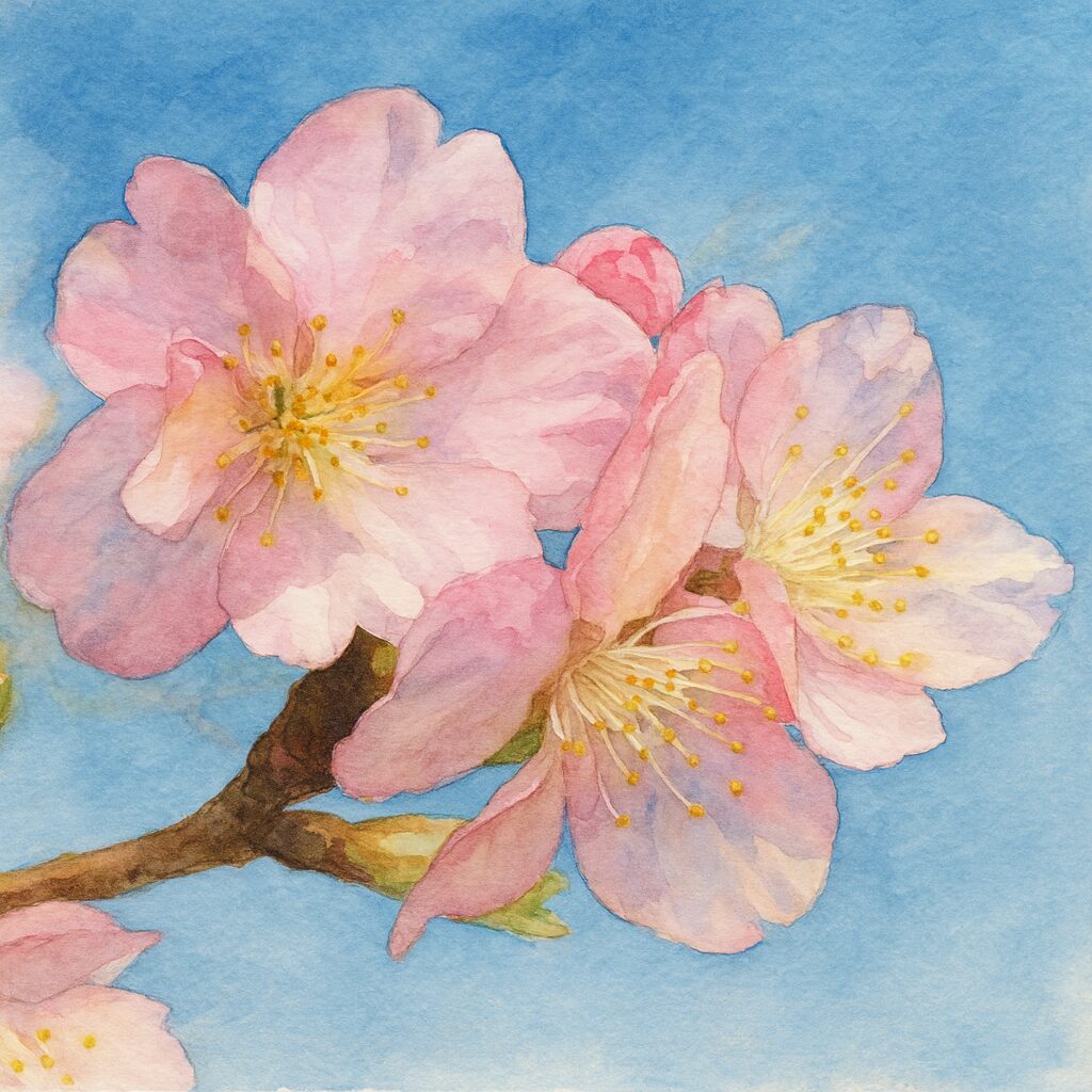 青空を背景に咲くカワズザクラを描いた水彩画風イラスト。柔らかなピンク色の花びらと繊細な雄しべが淡いタッチで表現された桜の絵