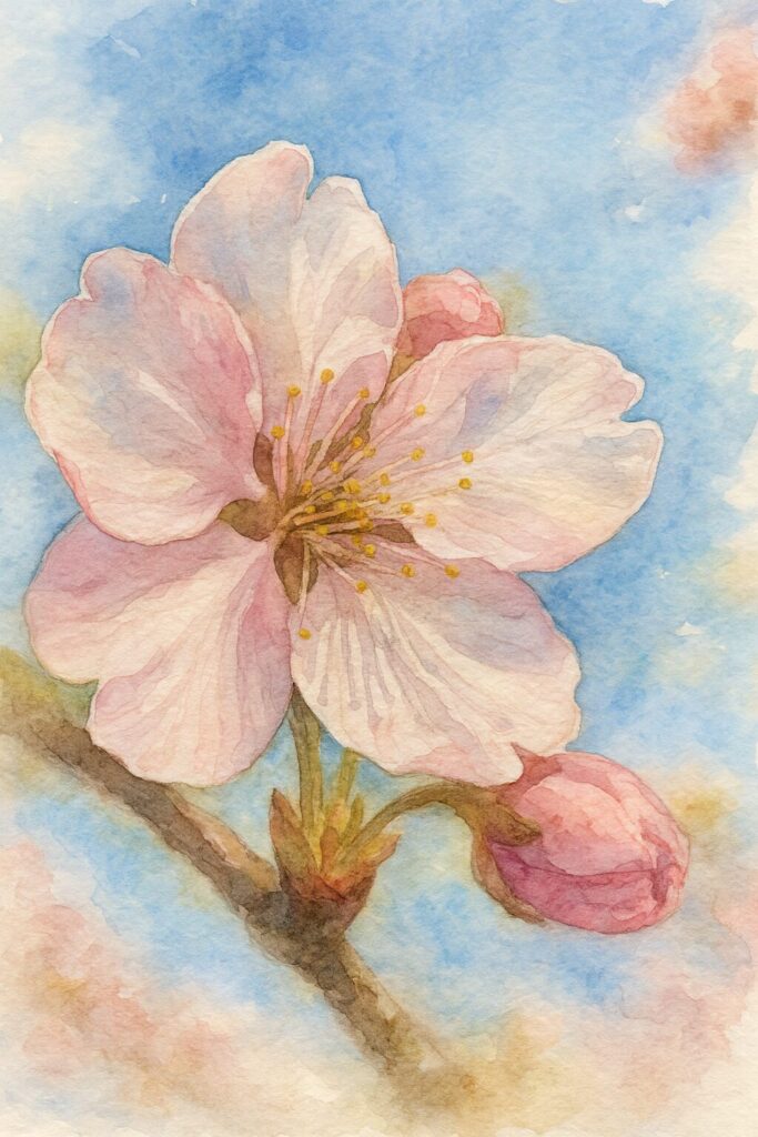 青空を背景に咲くカワズザクラを描いた水彩画風イラスト。柔らかなピンクの花びらと繊細な雄しべが淡い筆致で表現された桜の絵