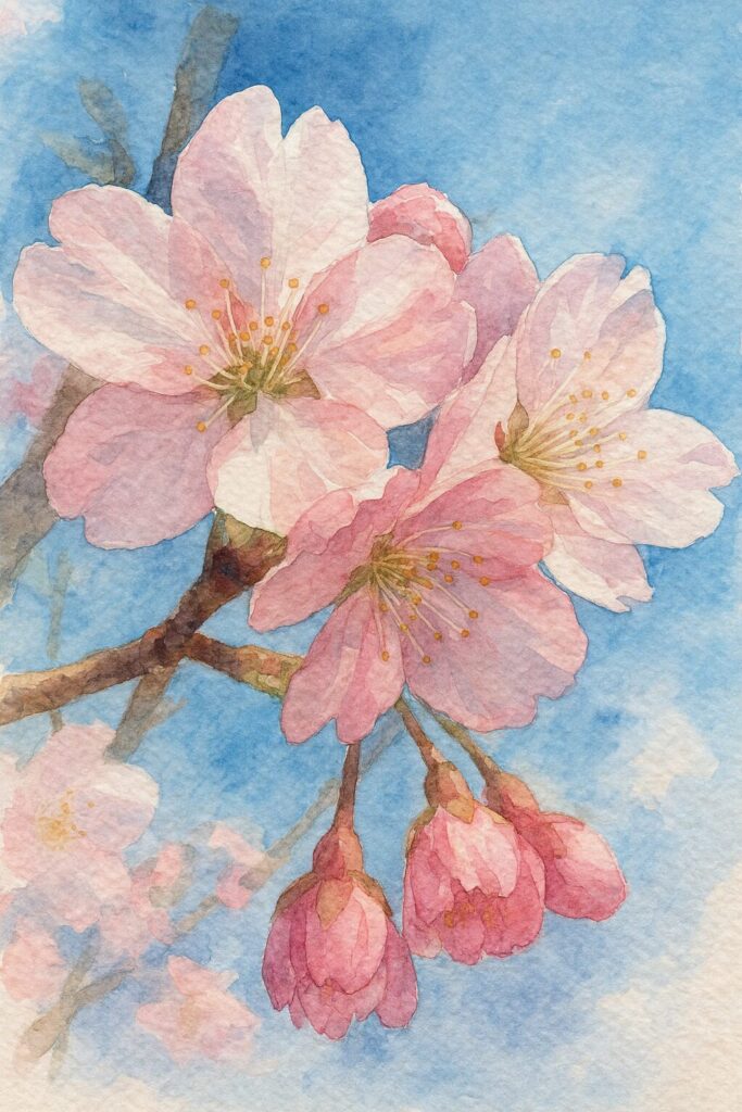 青空を背景に咲くカワズザクラの花房を描いた水彩画風イラスト。淡いピンク色の花びらと繊細な雄しべが柔らかな筆致で表現された桜の絵