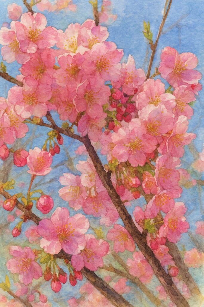 青空を背景に満開のカワズザクラを描いた水彩画風イラスト。濃淡のピンク色の花が枝を彩る春の桜の絵