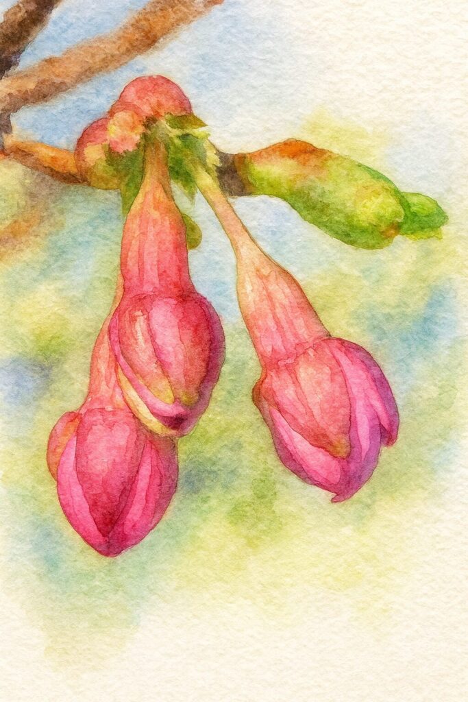 開花前のカワズザクラのつぼみを描いた水彩画風イラスト。濃いピンクの花芽と柔らかな緑の新芽が繊細なタッチで表現された春の絵