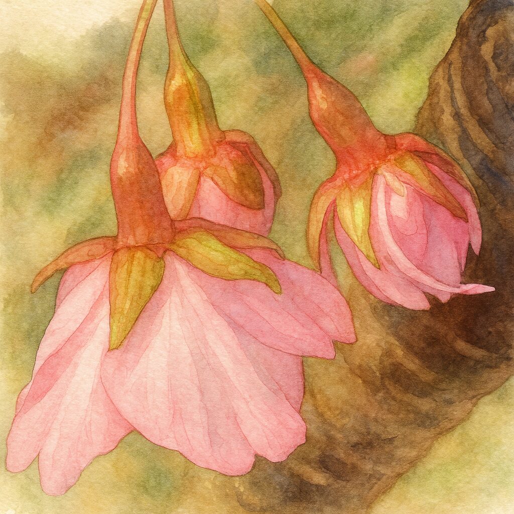 下向きに咲くカワズザクラの花を描いた水彩画風イラスト。柔らかなピンクの花びらと緑色の萼が繊細なタッチで表現された桜の絵