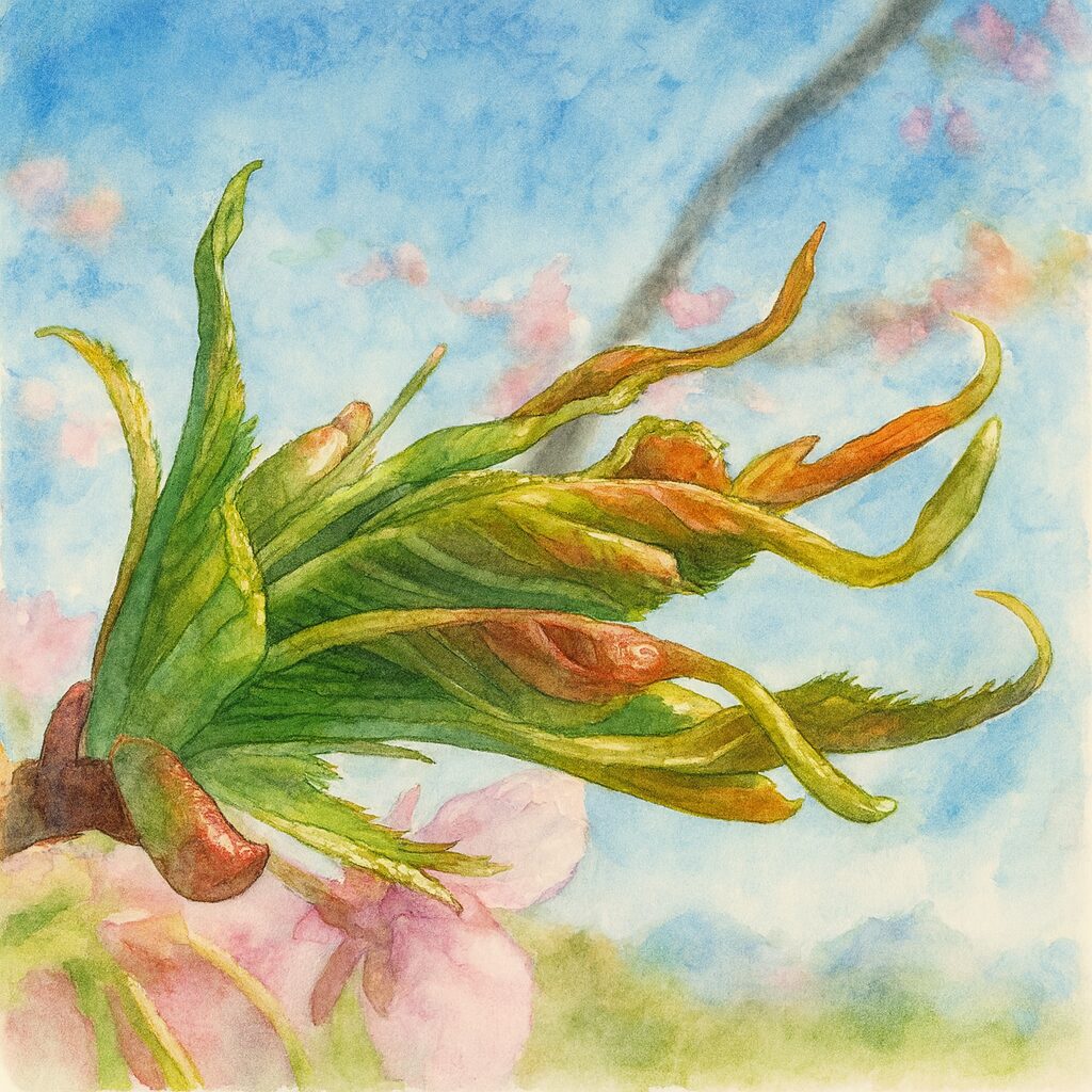 カワズザクラの新芽を描いた水彩画風イラスト。赤みを帯びた若葉と鮮やかな緑の芽吹きが柔らかなタッチで表現された春の絵