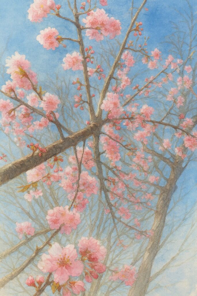 青空を背景に満開のカワズザクラを見上げる構図で描いた水彩画風イラスト。淡いピンクの花房が枝を彩る春の桜の絵