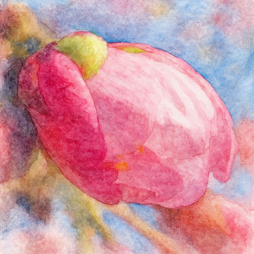 カワズザクラのつぼみが開き始める瞬間を描いた水彩画風イラスト。濃いピンク色の花芽が柔らかいタッチで表現された春の絵
