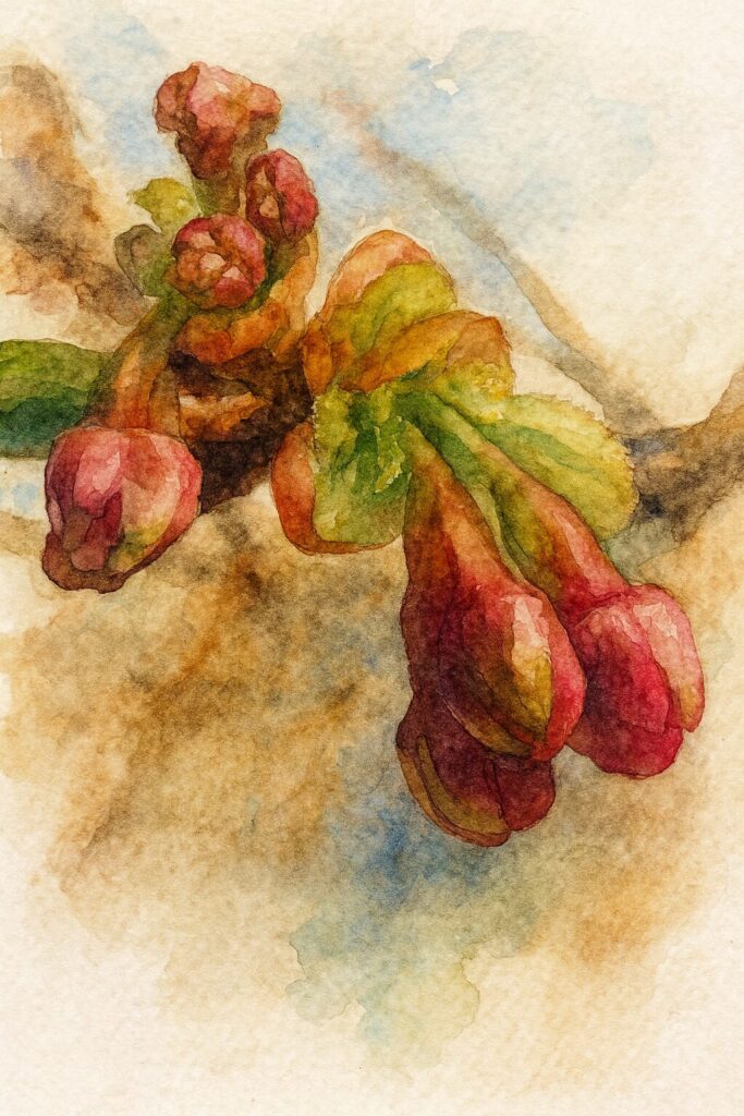 カワズザクラのふくらみ始めたつぼみを描いた水彩画風イラスト。濃いピンクの花芽と柔らかな緑の新芽が繊細に描かれた春の絵