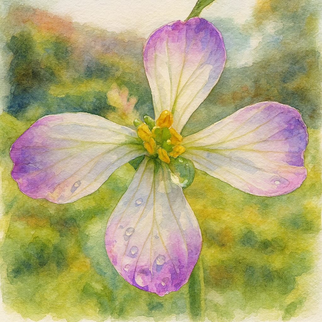 ダイコンの白と薄紫の花を水彩画風に描いたイラスト（雨粒つきの接写構図）