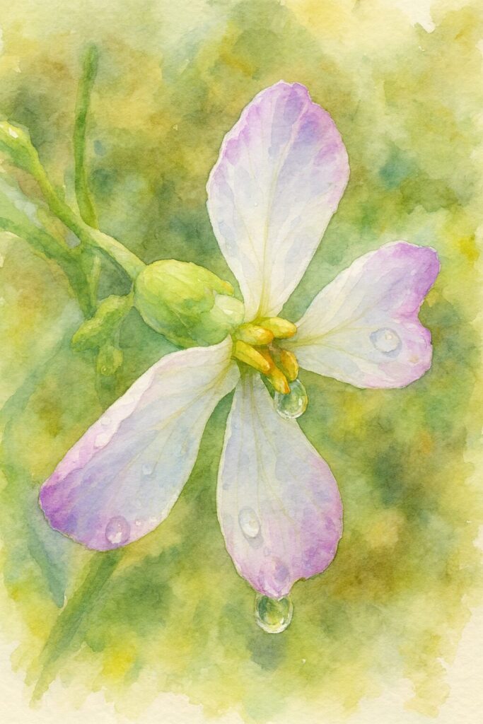 ダイコンの白と薄紫の花を水彩画風に描いたイラスト（雨粒のある花を接写構図で表現）