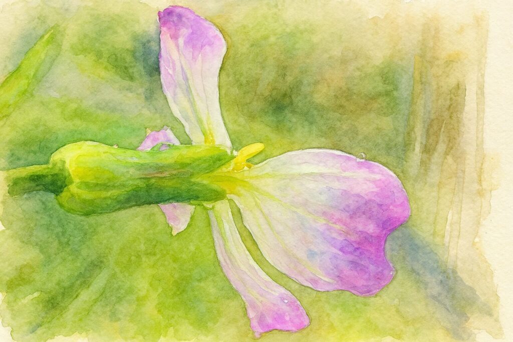 横向きのダイコンの白と薄紫の花を水彩画風に描いたイラスト（雨粒の質感を表現）