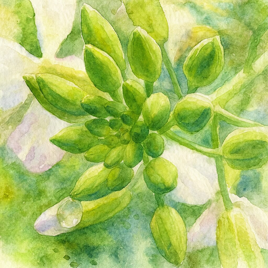 緑色のダイコンのつぼみを水彩画風に描いたイラスト。房状のつぼみに水滴を表現