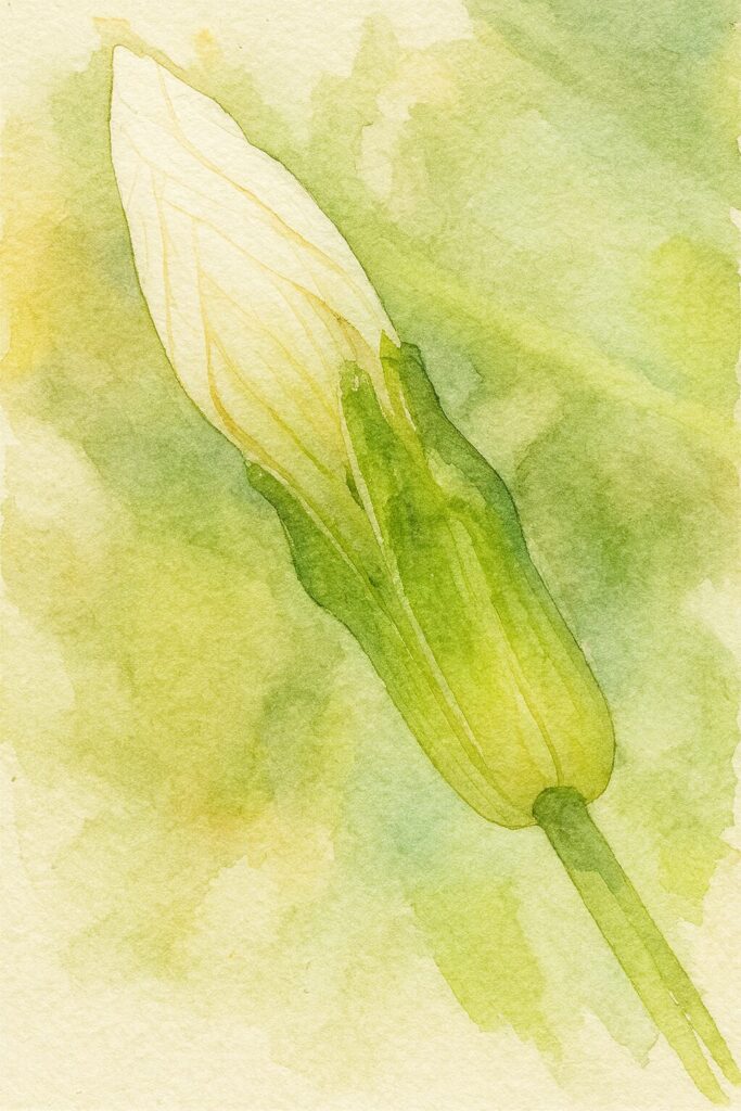 白いダイコンのつぼみを水彩画風に描いたイラスト。緑の萼に包まれた細長い蕾を柔らかなタッチで表現