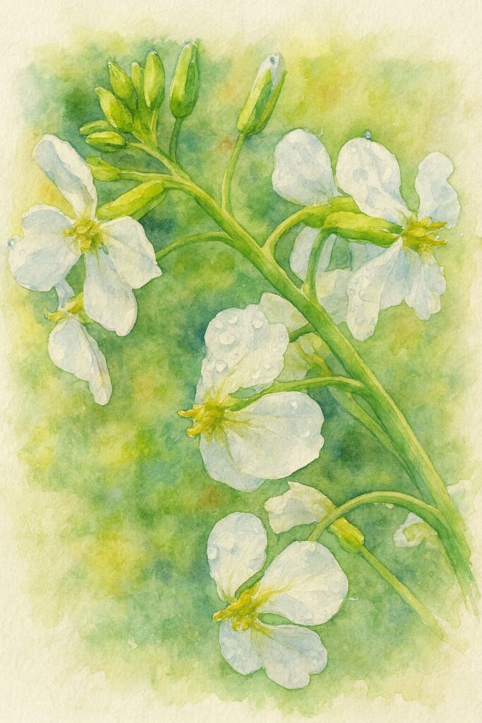 ダイコンの白い花とつぼみを水彩画風に描いたイラスト。雨粒の質感を柔らかく表現した植物画