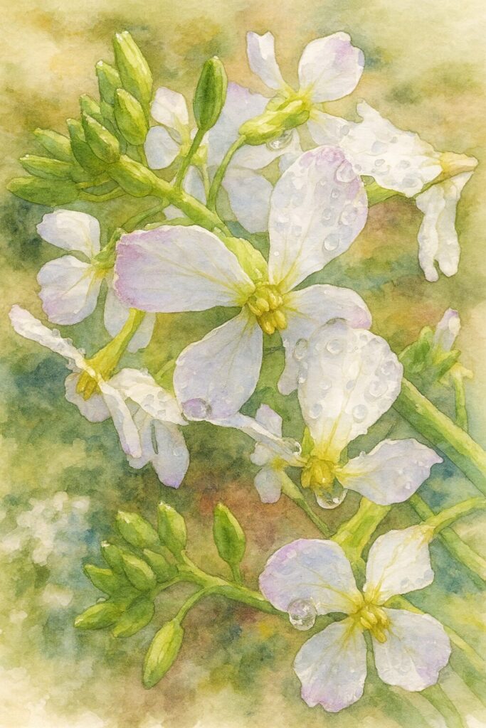 雨粒のついたダイコンの白い花とつぼみを水彩画風に描いた植物イラスト