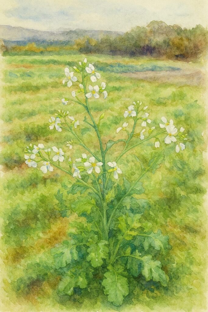 畑で白い花を咲かせたダイコンの株を水彩画風に描いたイラスト。農地の風景を柔らかいタッチで表現