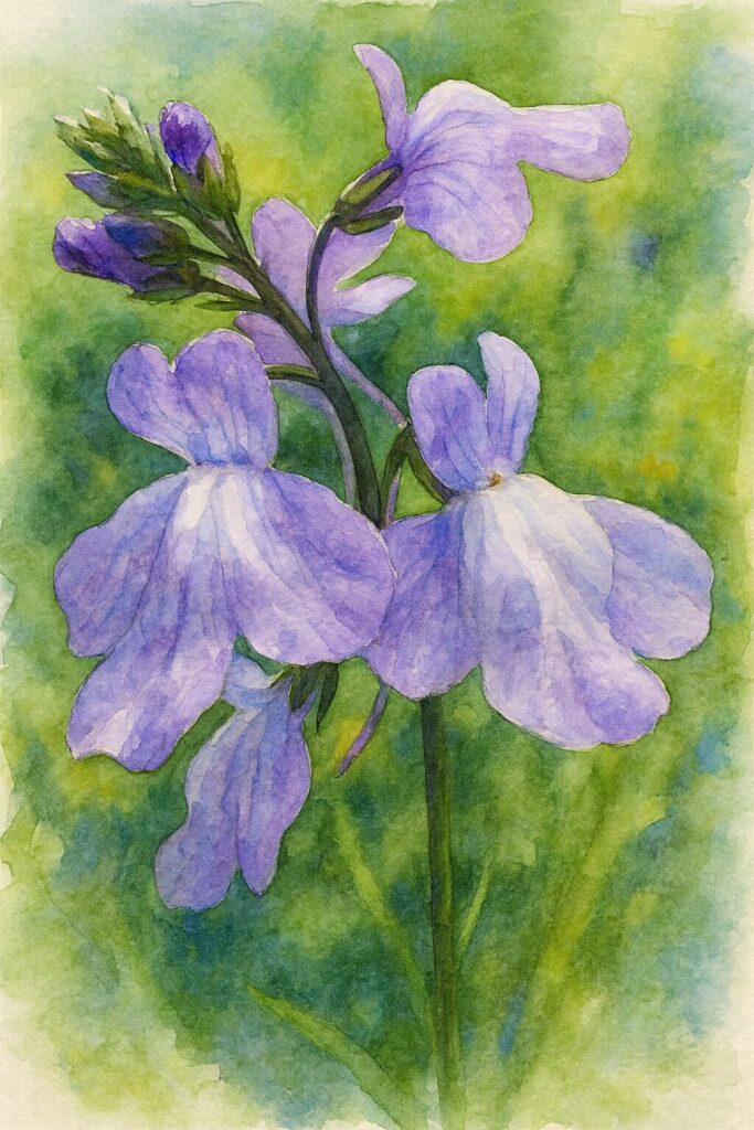 マツバウンランの淡い紫色の花を柔らかなタッチで描いた水彩画風イラスト。繊細な花弁と自然な光を表現した植物アート