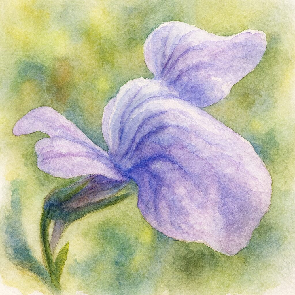 マツバウンランの花をアップで描いた水彩画風イラスト。柔らかな紫の花弁と光のニュアンスを繊細に表現した植物アート