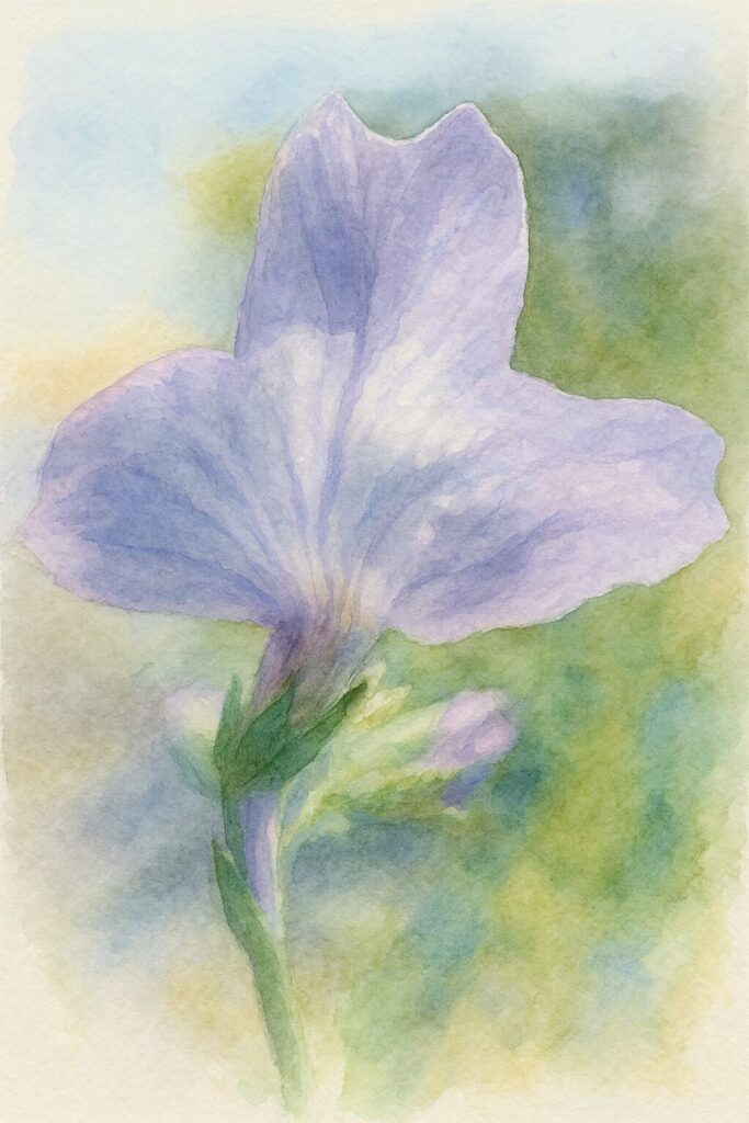 逆光に透けるマツバウンランの花を描いた水彩画風イラスト。淡い紫の花弁と柔らかな背景を繊細に表現した植物アート