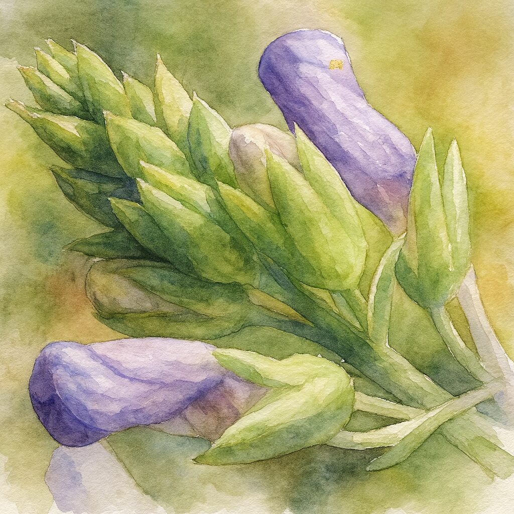 マツバウンランのつぼみを描いた水彩画風イラスト。緑の萼と紫の花芽を柔らかな筆致で表現した植物アート