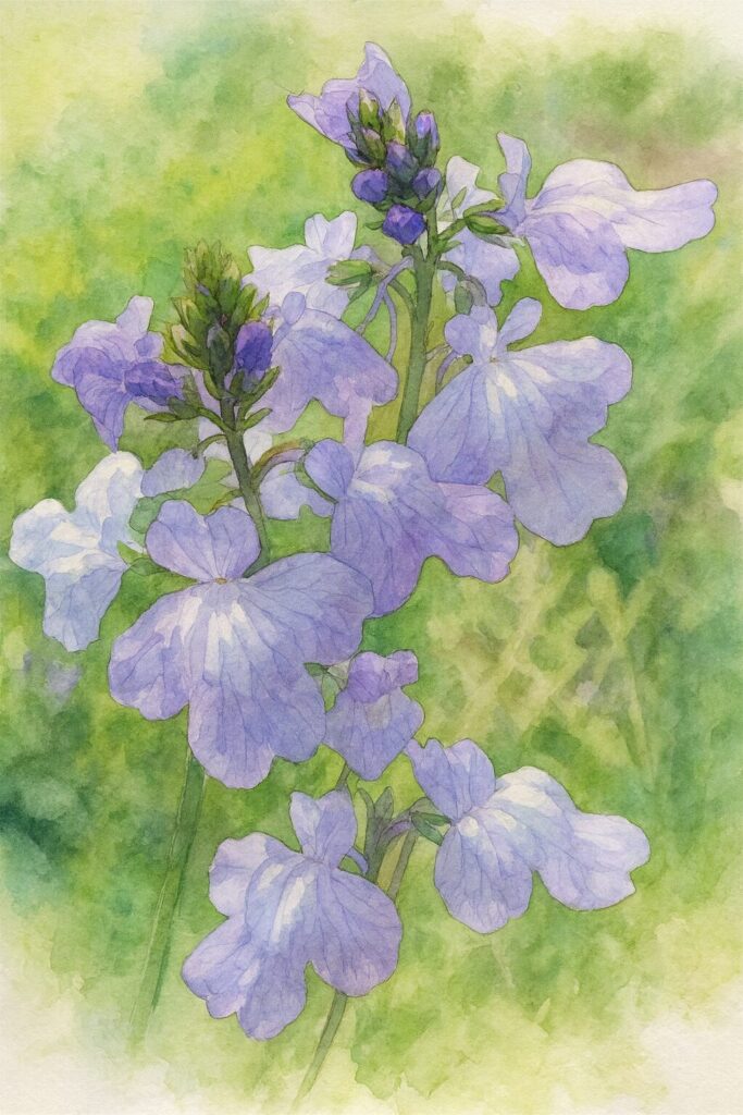 マツバウンランの花が群れて咲く姿を描いた水彩画風イラスト。淡い紫の花弁と柔らかな背景で春の野草を繊細に表現した植物アート