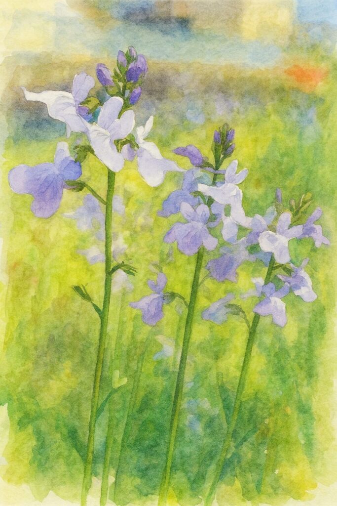 春の草地に咲くマツバウンランを描いた水彩画風イラスト。淡い紫の花を柔らかいタッチで表現した植物アート