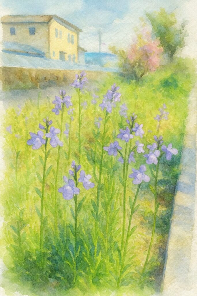 春の土手に咲くマツバウンランを描いた水彩画風イラスト。薄紫の花と柔らかな草地の色合いが調和した植物アート