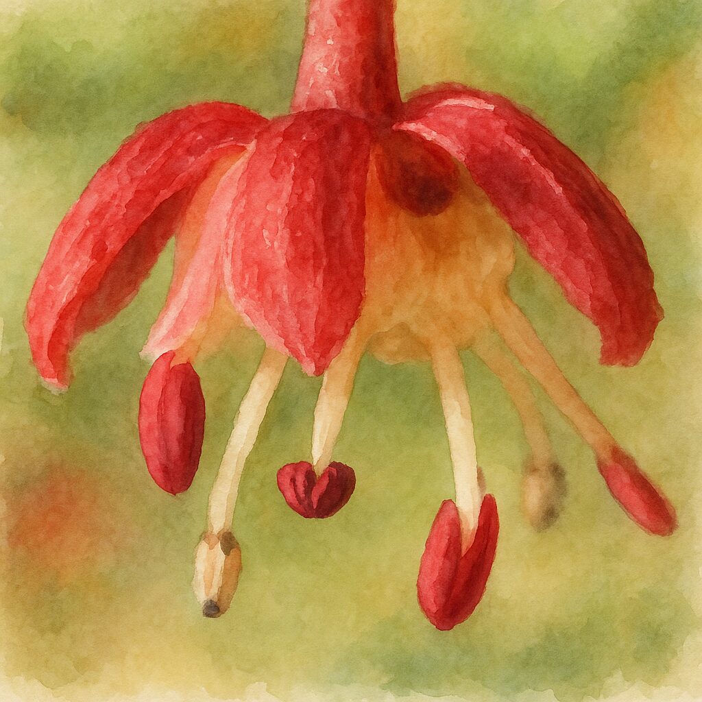 カエデの赤い小花を水彩画風に描いたイラスト｜雄しべと雌しべの細部が柔らかい筆致で表現された作品