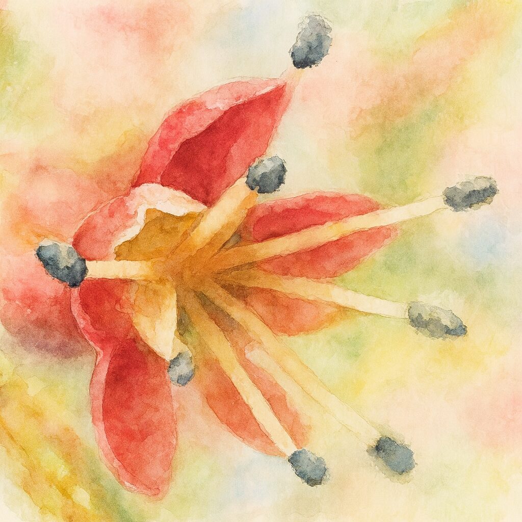 カエデの小花を水彩画風に描いたイラスト｜赤い花弁と放射状に伸びる雄しべを柔らかい筆致で表現した作品