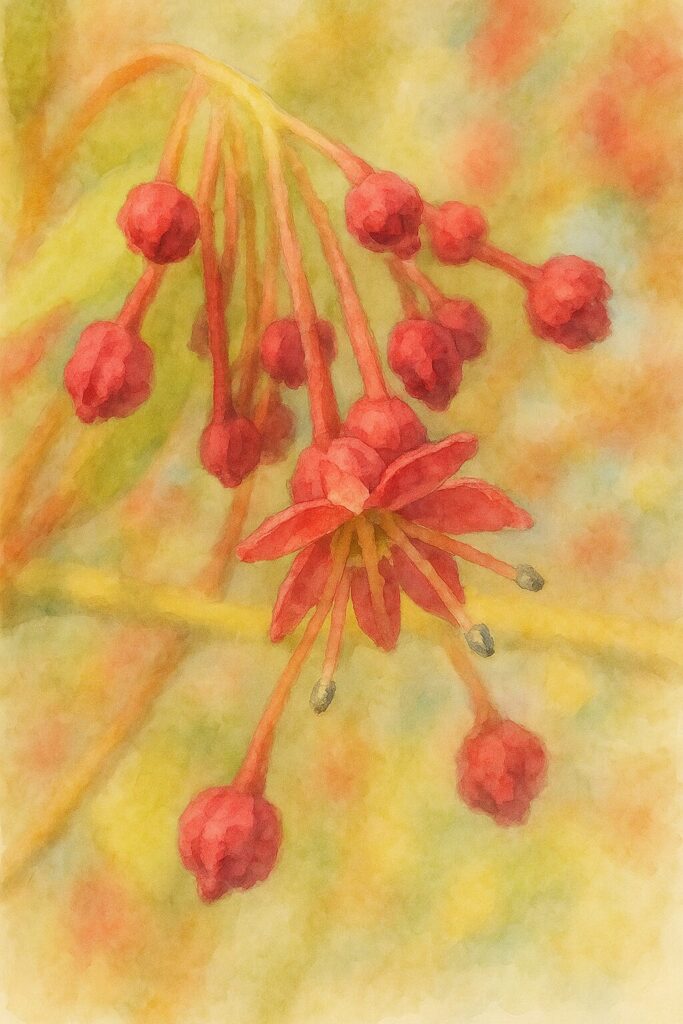 カエデの小花と赤い蕾を水彩画風に描いたイラスト｜房状に垂れる蕾と開いた花の雄しべを柔らかく表現した植物画