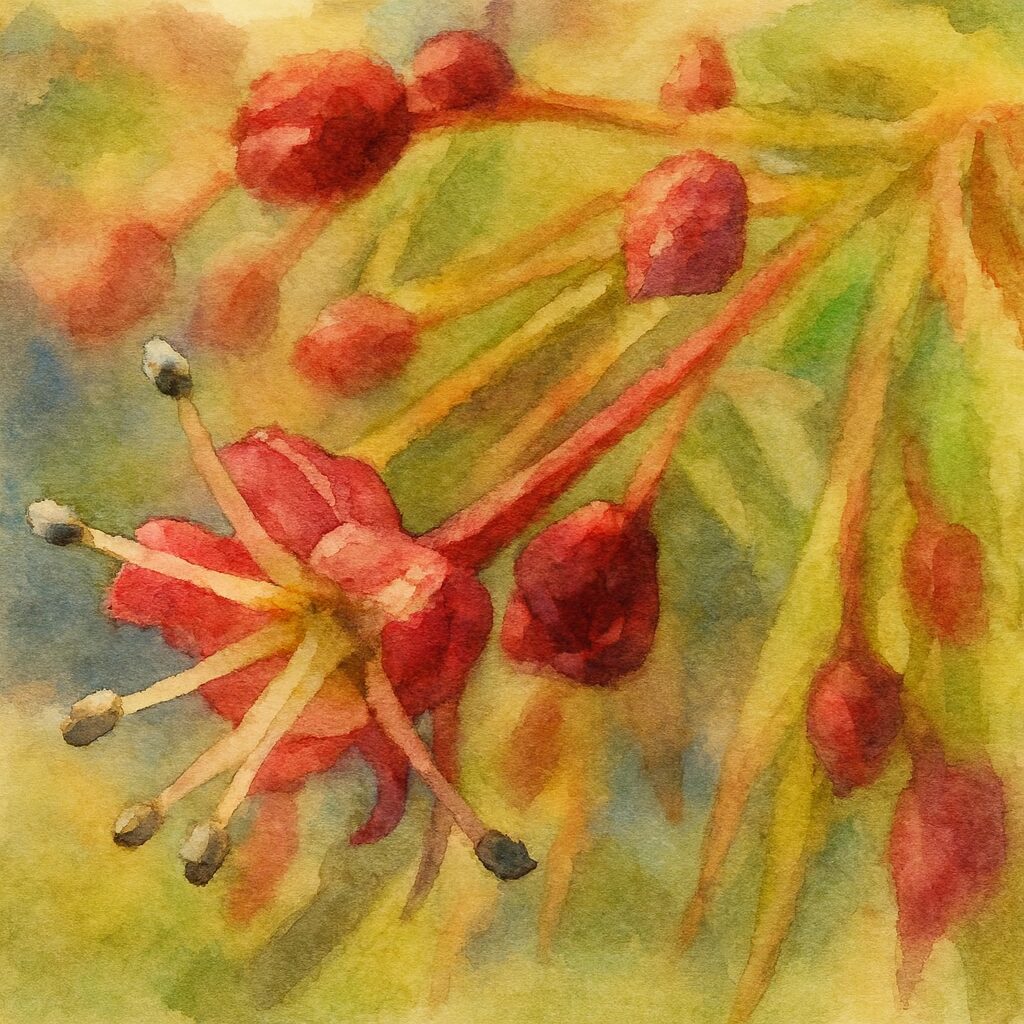カエデの小花と赤い蕾を水彩画風に描いたイラスト｜雄しべが放射状に伸びる花と周囲の蕾を柔らかいタッチで描いた植物画