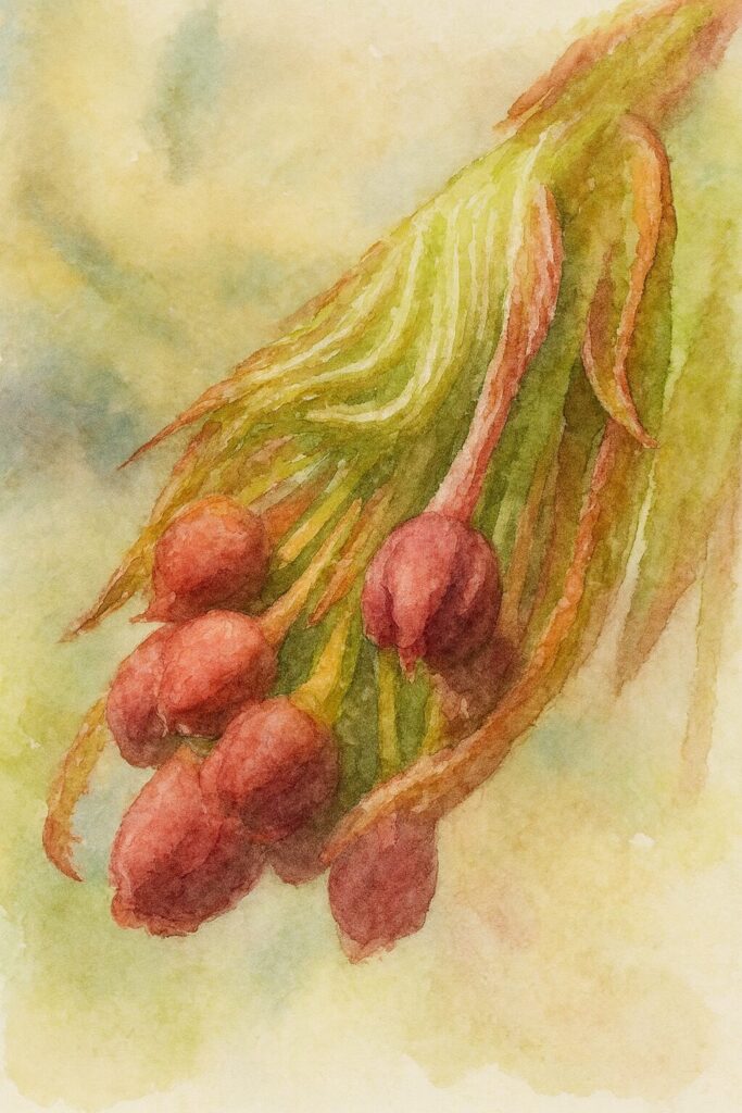 カエデの花芽と開きかけの若葉を水彩画風に描いたイラスト｜赤い蕾と繊細な緑の葉を柔らかいタッチで表現した植物画