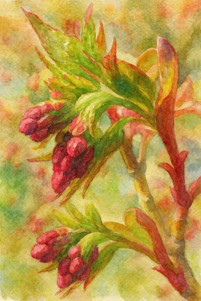 カエデの花芽と若葉を水彩画風に描いたイラスト｜赤い蕾の房と緑の新葉を柔らかい筆致で表現した植物画