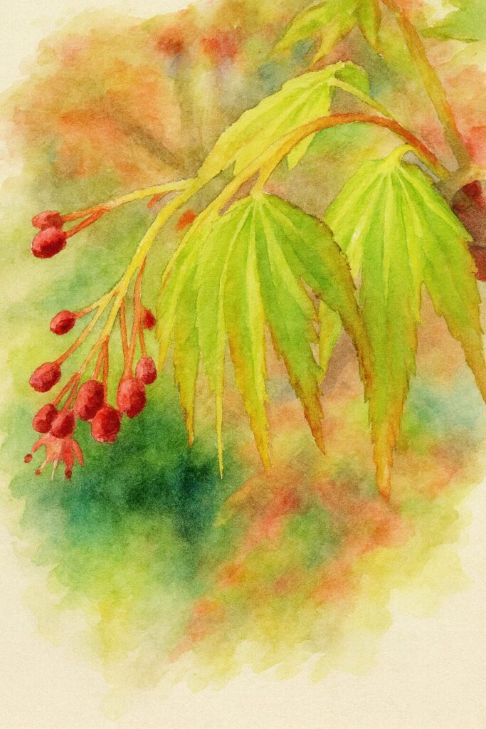 カエデの若葉と赤い蕾を水彩画風に描いたイラスト｜柔らかな若葉の透明感と房状の蕾をやわらかいタッチで表現した植物画