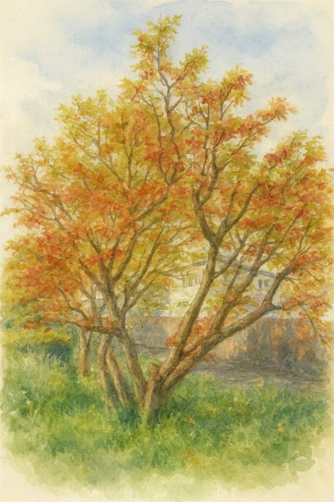 春のカエデの木を水彩画風に描いたイラスト｜若葉と赤い花芽が彩る樹形を柔らかい筆致で表現した風景画