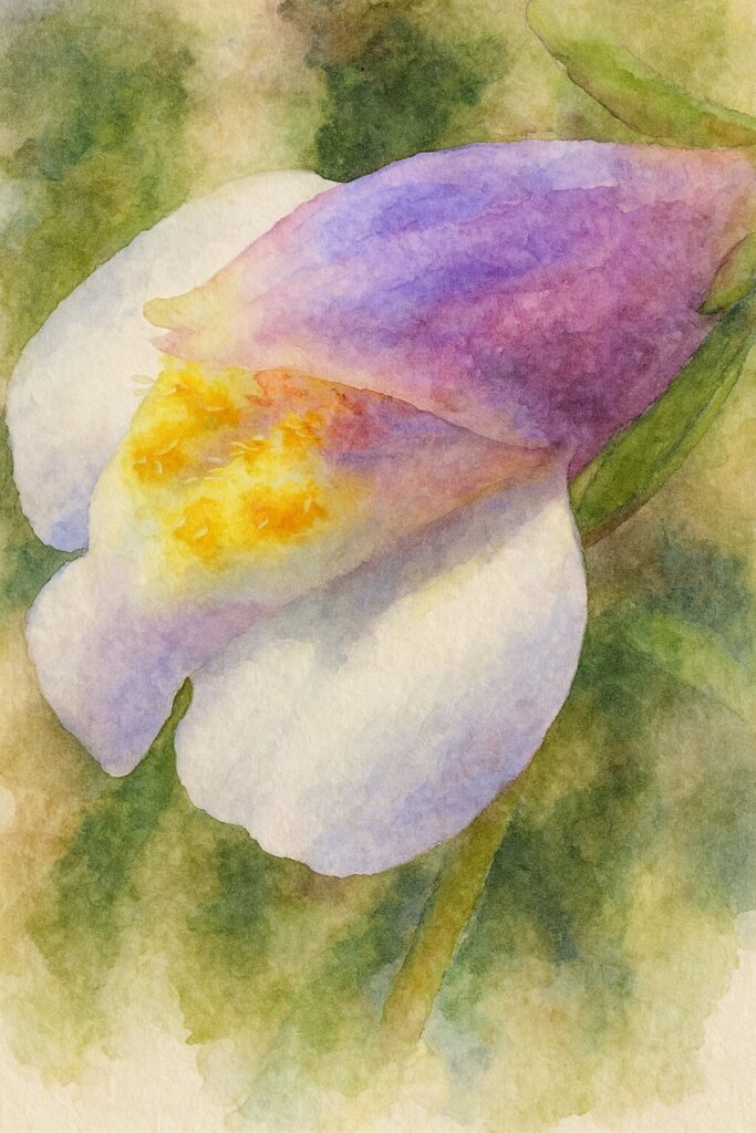 水彩画風に描いたトキワハゼの花の接写イラスト｜白・紫・黄色の色彩が柔らかく表現された野草の花