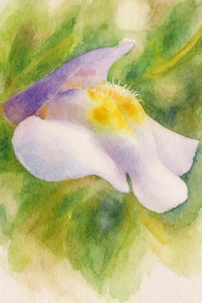 水彩画風に描いたトキワハゼの花の接写イラスト｜淡い紫と白の花びらに黄色の模様が柔らかく表現された植物画