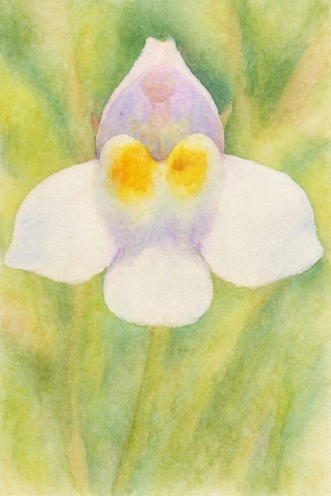 水彩画風に描いたトキワハゼの正面イラスト｜白と紫の花びらに黄色のアクセントが柔らかく表現された植物画