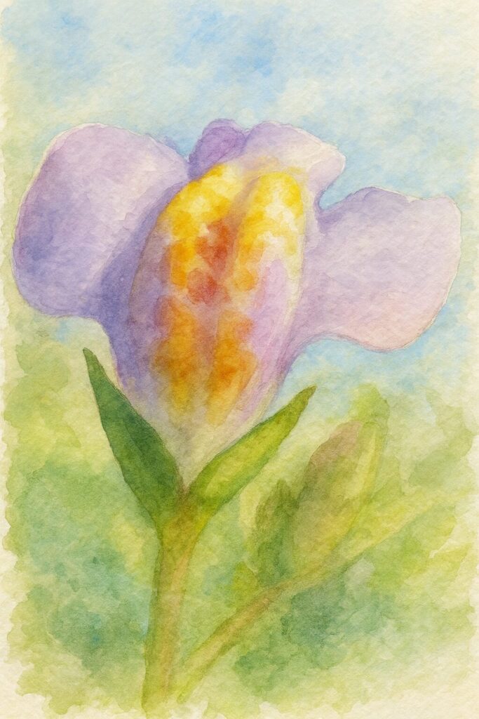 水彩画風に描いたトキワハゼの接写イラスト｜紫と黄色の模様が柔らかい筆致で表現された植物画