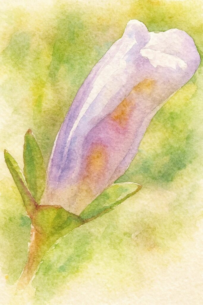 水彩画風に描いたトキワハゼの側面イラスト｜紫色の細長い花姿とオレンジの模様を柔らかい筆致で表現した植物画