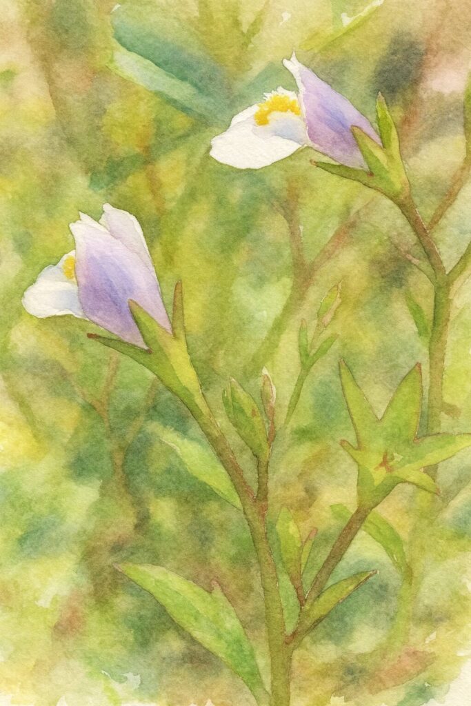 水彩画風に描いたトキワハゼの群生イラスト｜淡い紫と白の花が柔らかいタッチで表現された植物画