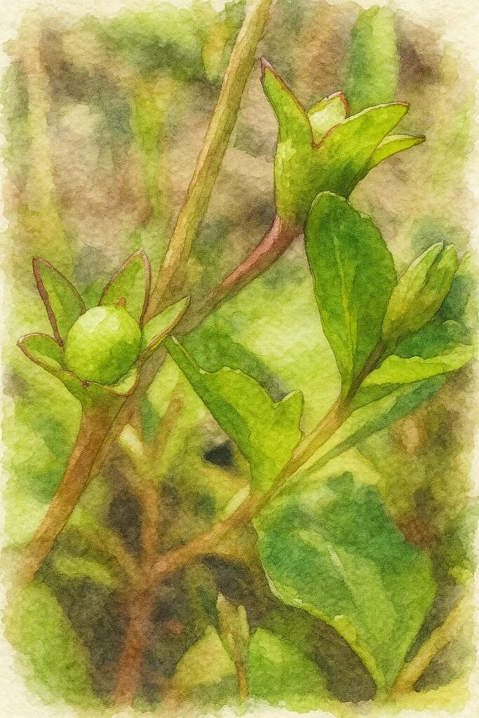 水彩画風に描いたトキワハゼの果実と萼のイラスト｜淡い緑色の果実と萼片が柔らかいタッチで表現された植物画