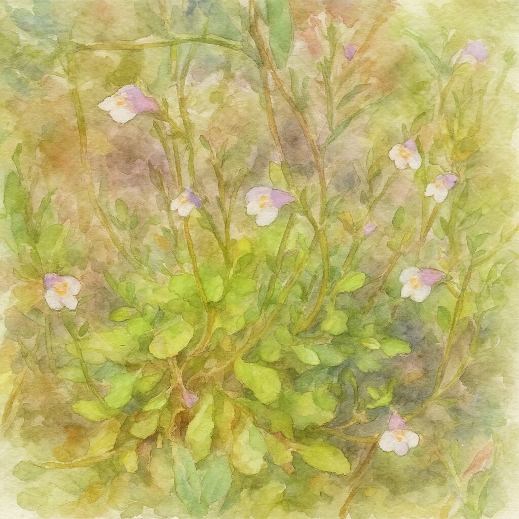 水彩画風に描いたトキワハゼの株全体イラスト｜緑の葉の上に淡紫色の小花が柔らかいタッチで広がる植物画