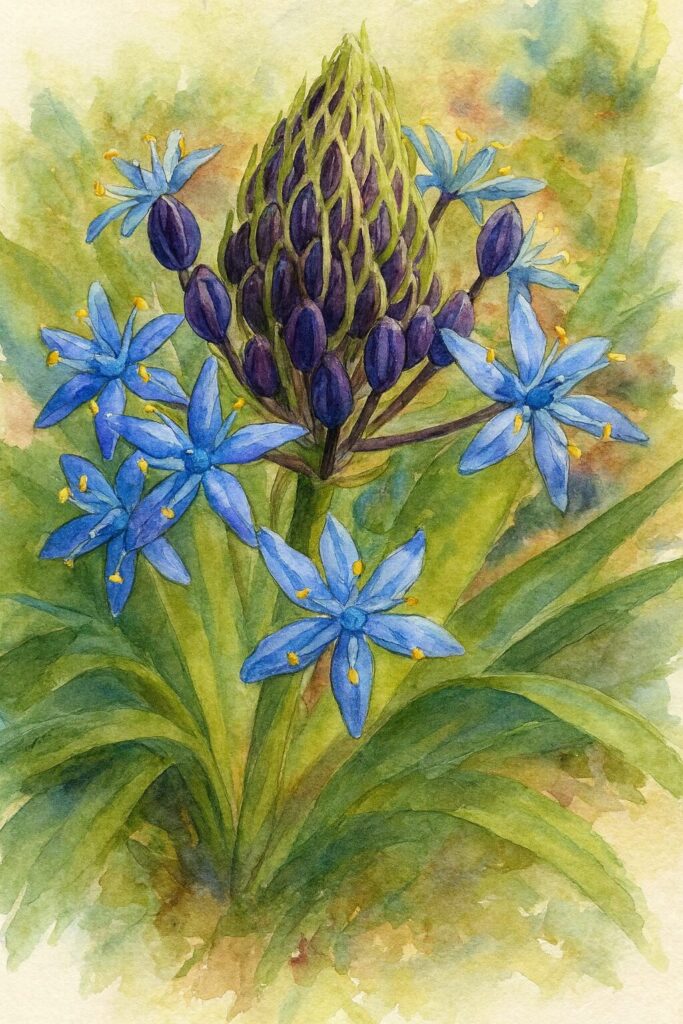 シラーペルビアナの鮮やかな青い花とつぼみを描いたプロレベルの水彩画風イラスト