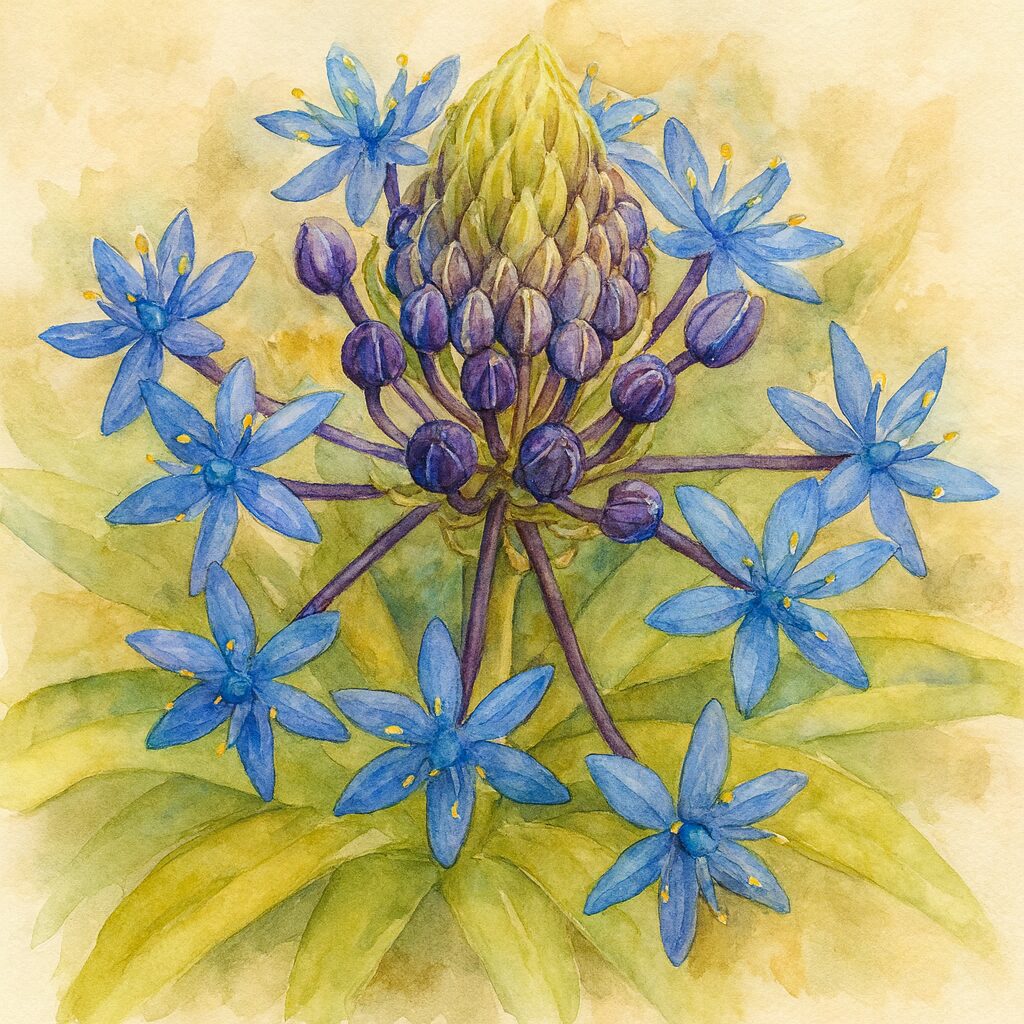 シラーペルビアナの放射状に広がる青い花を描いたプロレベルの水彩画風イラスト
