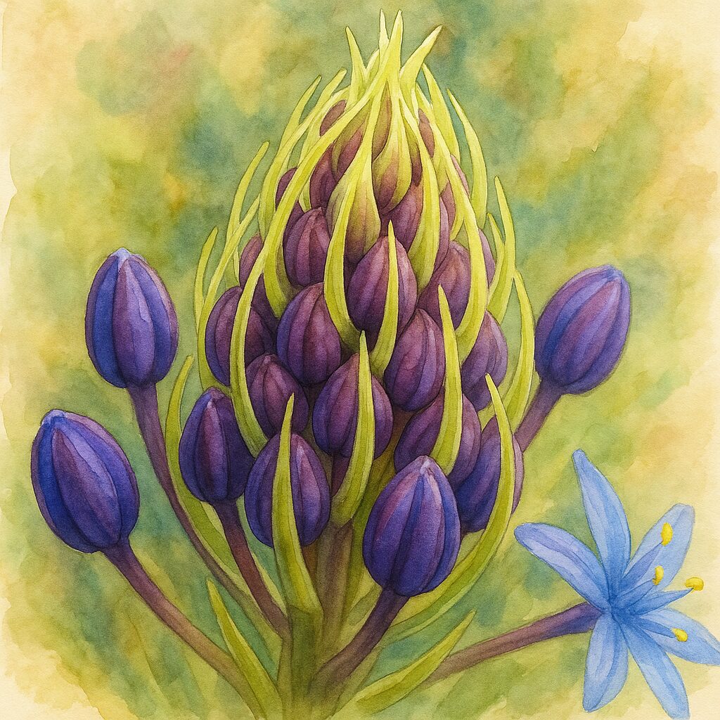 シラーペルビアナのつぼみと苞の造形美を丁寧に描いた水彩画風の植物イラスト